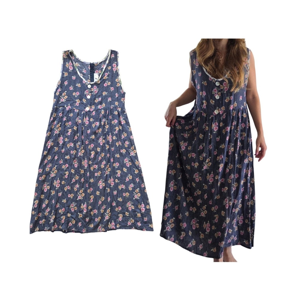 VTG 90's Floral Cottagecore‎ Midi Jumper Dress Large Muumuu Hawaii Blue Check